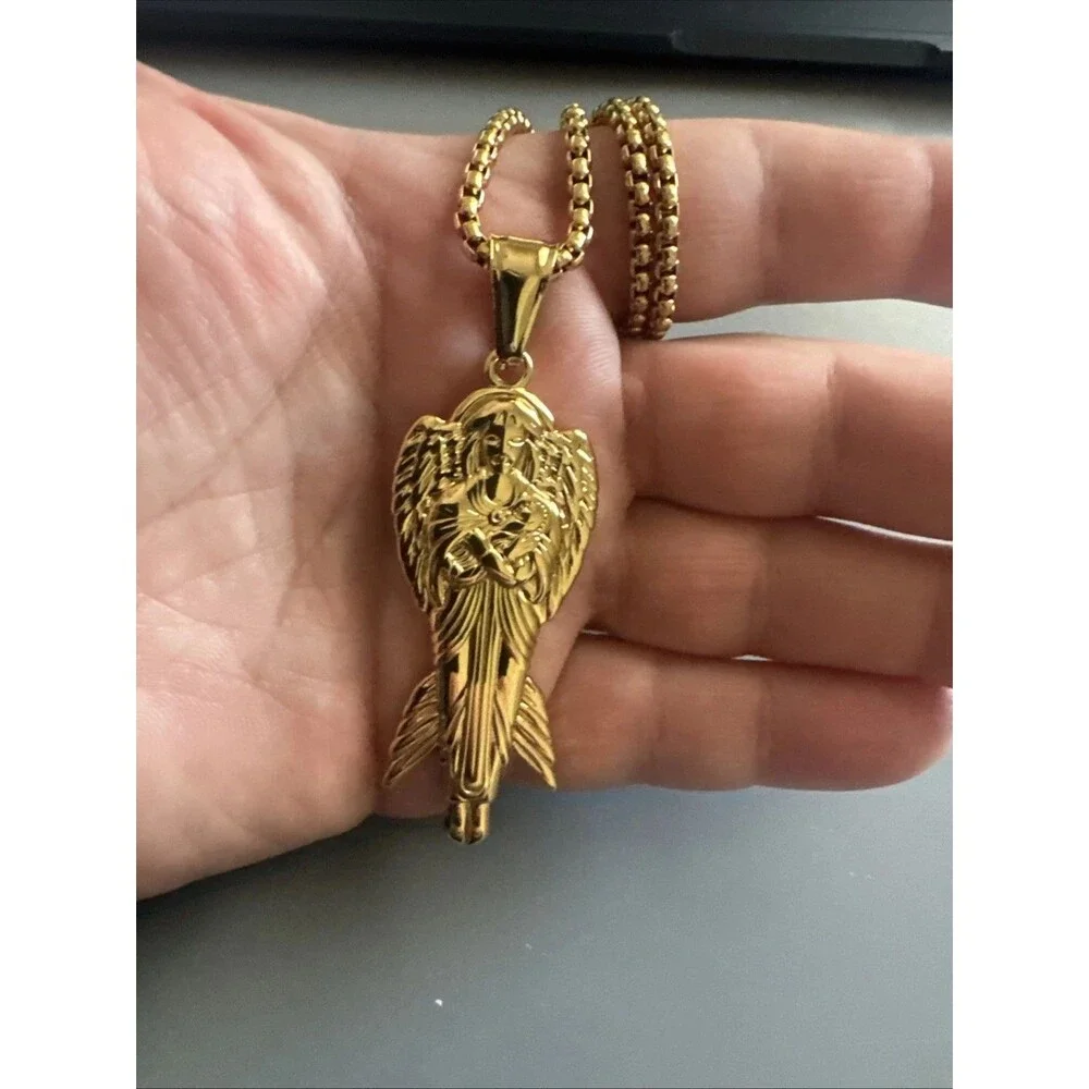 Angel of New Hope Stainless Steel Pendant Religious 24” Chain Jesus Christ Gold